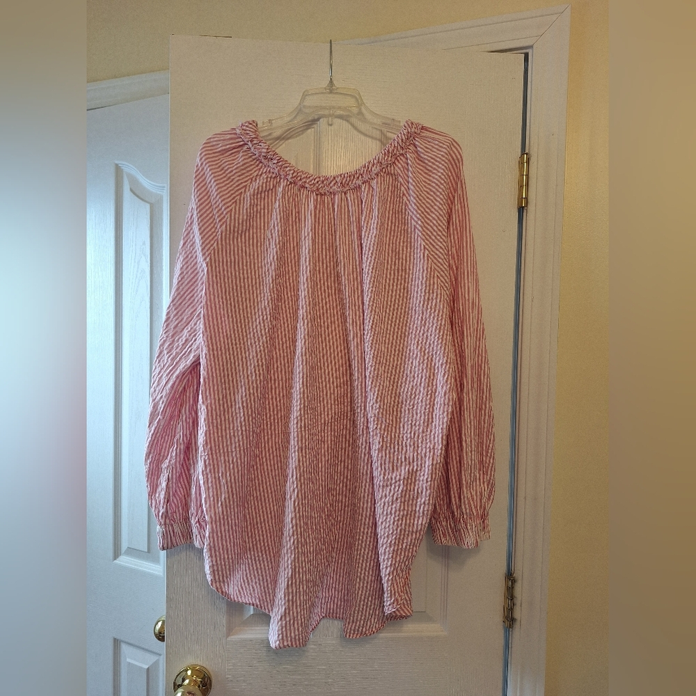 Free People Striped Pink Peasant Blouse with Tie Neck - Picture 2 of 4